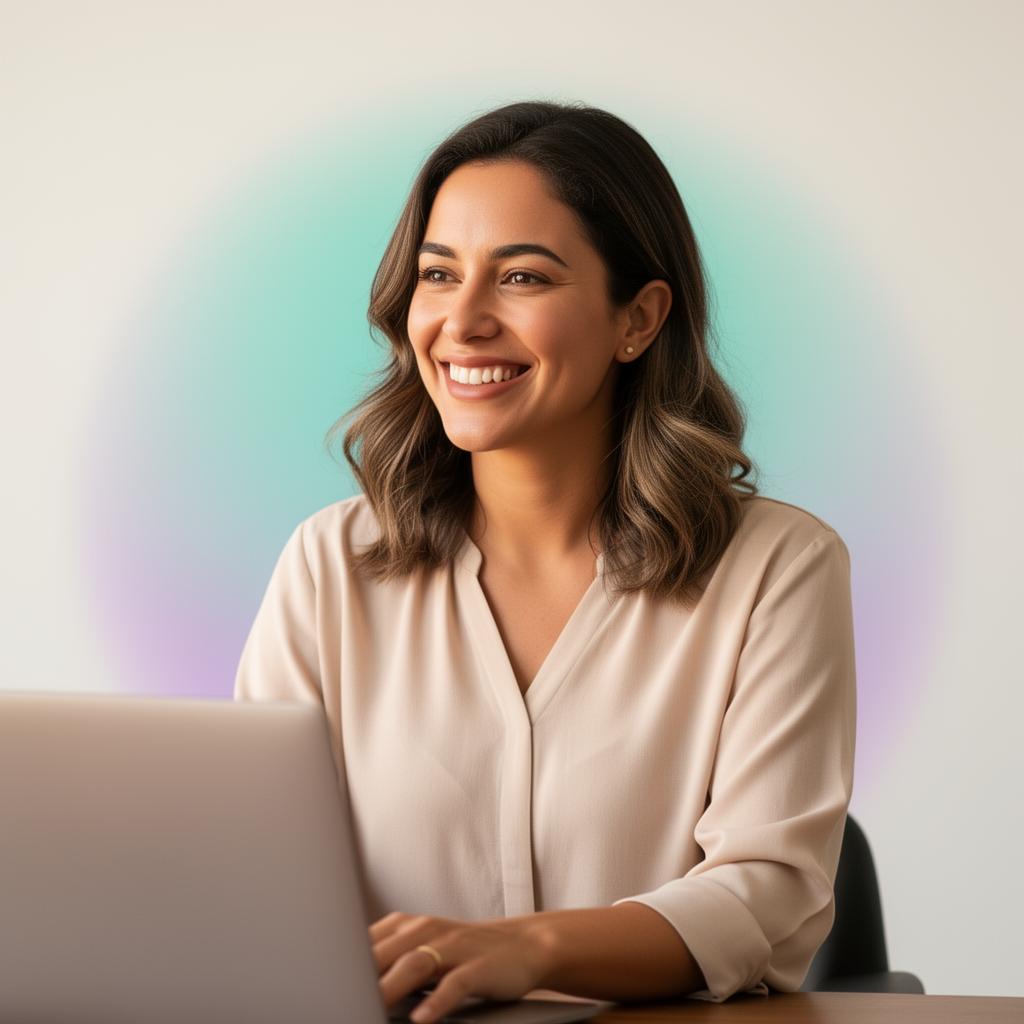 Empreendedora sorrindo enquanto trabalha no notebook